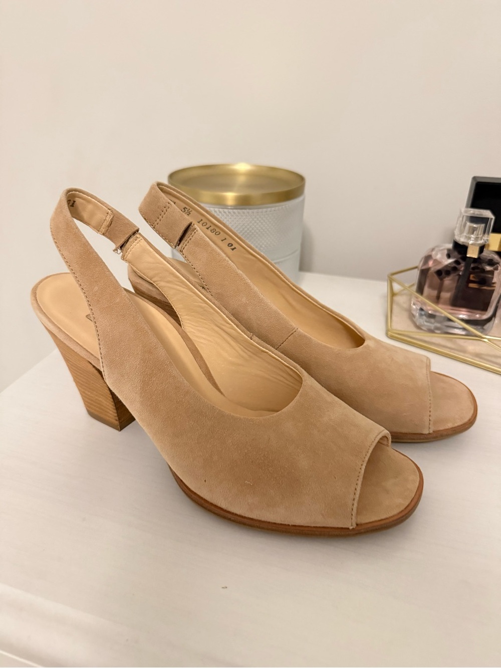 *New* Paul Green Suede Slingback Peep-Toe Block Heel - Beige